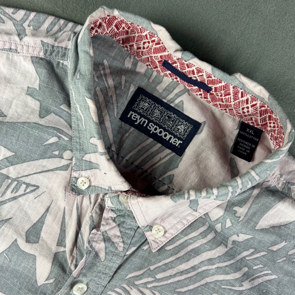 Reyn Spooner Button Down Shirt Mens XXL Purple Grey Tropical Leaf Cotton Aloha